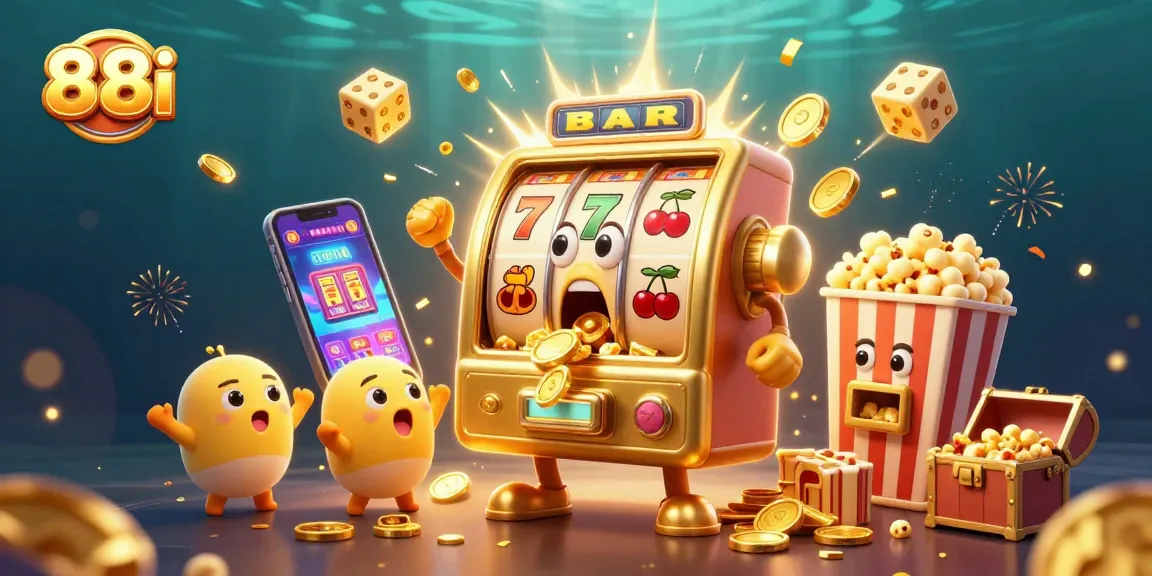 Experience the excitement of 88i with a slot machine hitting a jackpot in a vibrant 3D casino scene.