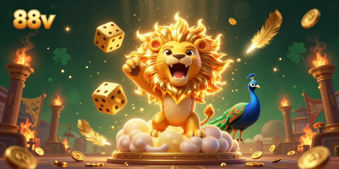 Embrace the excitement at 88vv with vibrant casino elements and a roaring lion amidst dynamic graphics.
