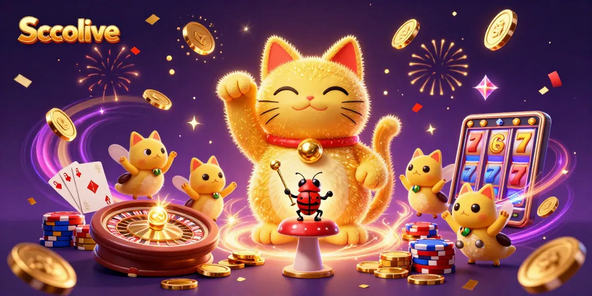 Socolive showcases dynamic golden fireflies forming a lucky cat amidst vibrant casino symbols.