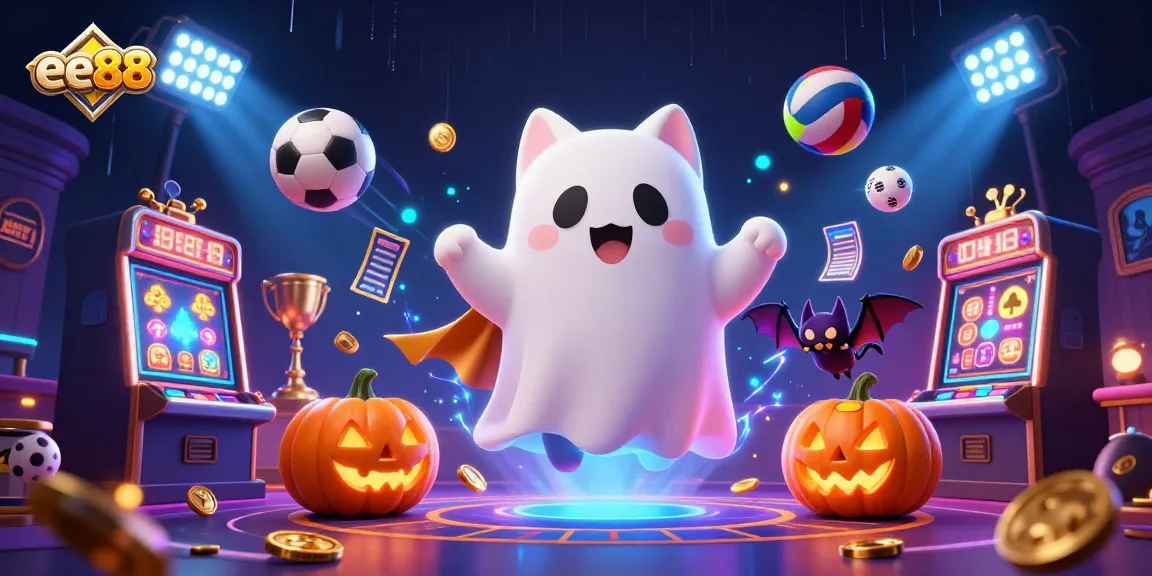 ee88's ghost cat navigates a haunted casino filled with vibrant game elements.