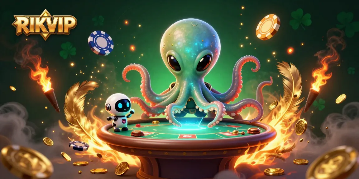 Engage in RIKVIP's thrilling gameplay with a vibrant 3D illustration of an alien octopus poker master.