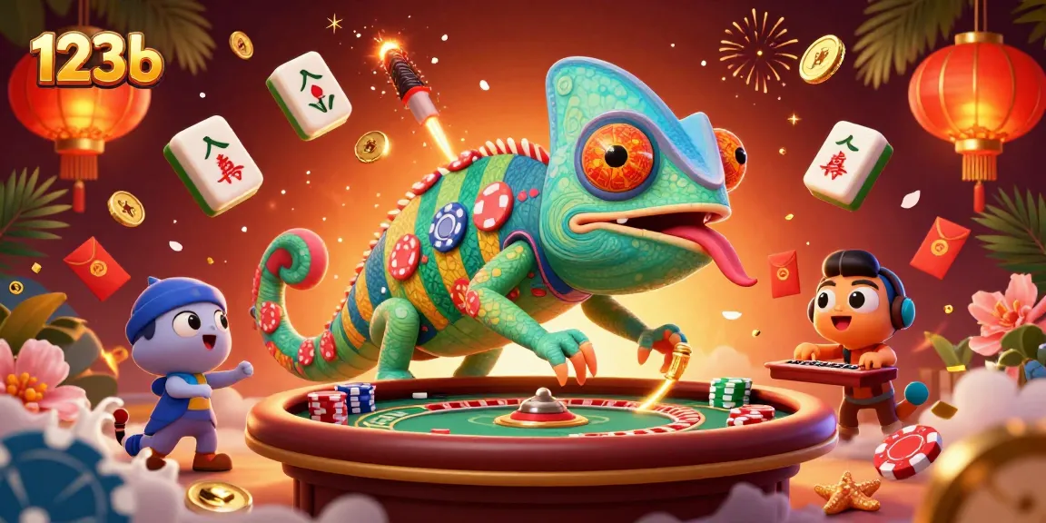 Engage in thrilling games at 123b with a vibrant casino-themed scene featuring a chameleon owner.