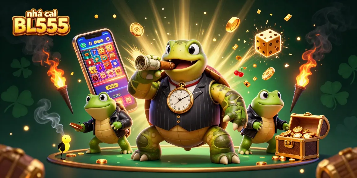 Experience excitement at nhà cái BL555 with a jackpot scene featuring a snapping turtle boss and playful bullfrog enforcers.