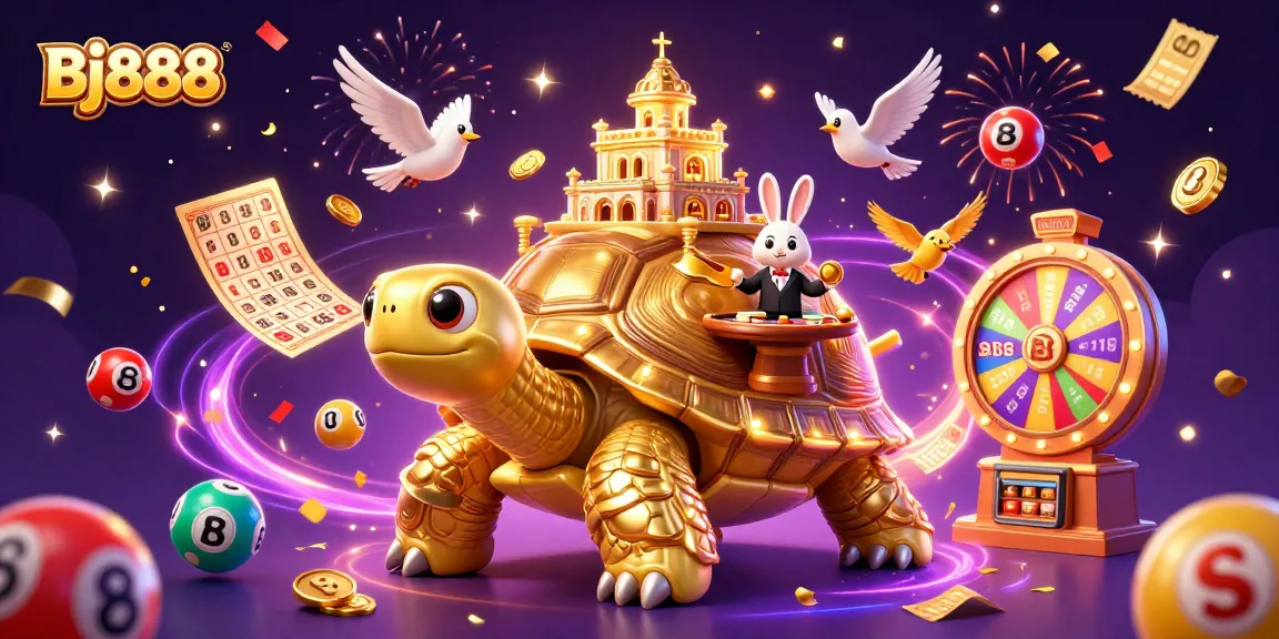 Experience thrilling moments at Bj888 with a vibrant scene featuring a giant tortoise casino, rabbit dealer, and lottery elements.