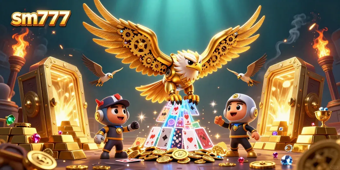 Experience the thrill of sm777 in a dynamic scene featuring a cybernetic eagle amidst holographic cards and treasure.