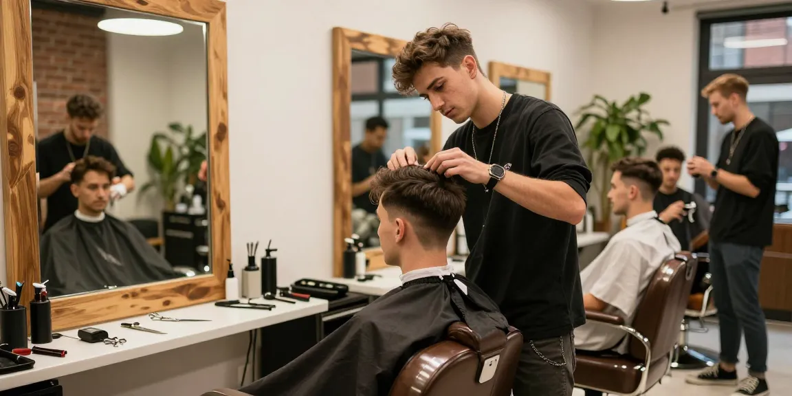 Clients enjoying stylish haircuts at rokok88 barbershop with modern decor.